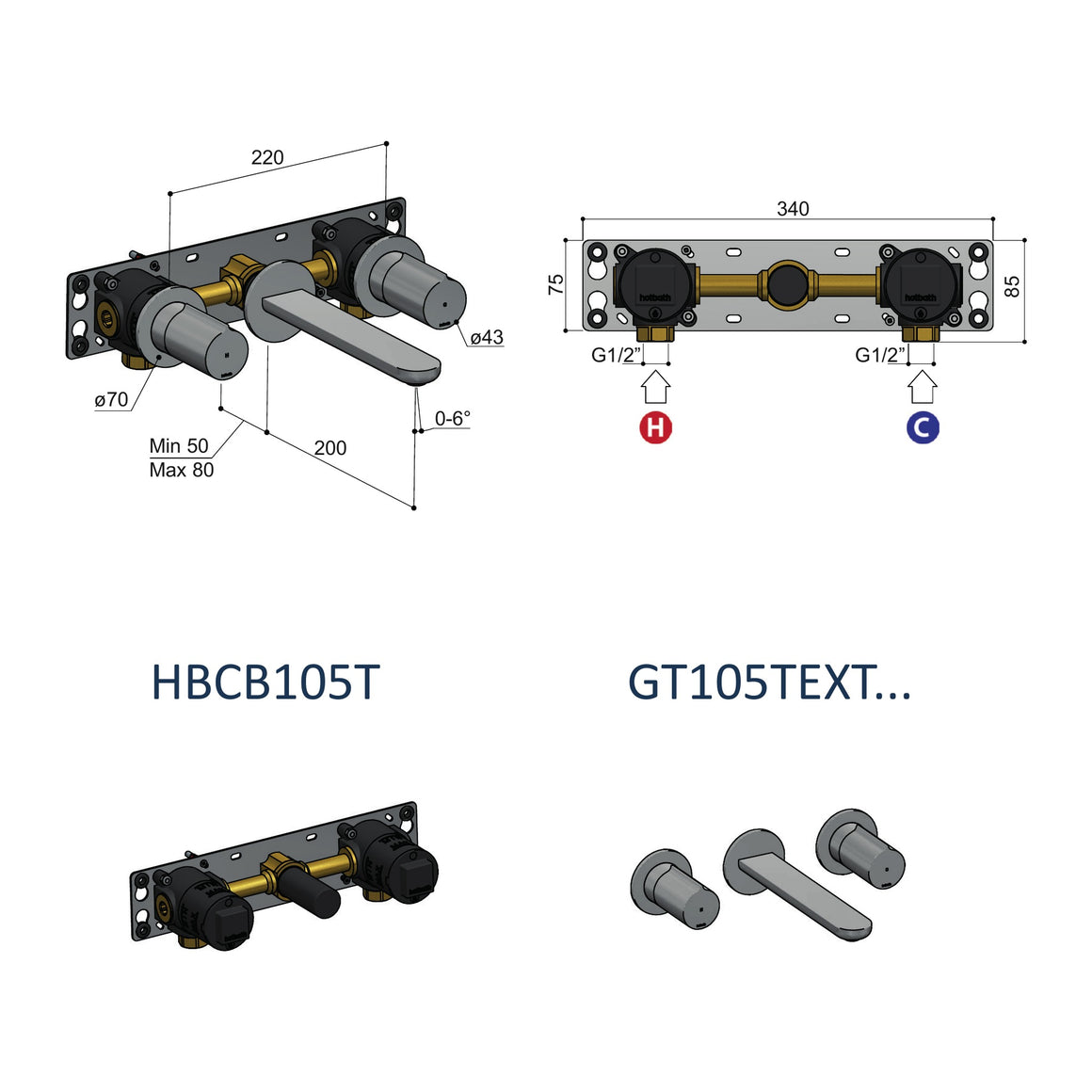 Hotbath Gent GT105T inbouw wastafelmengkraan 3-gats (afbouwdeel) technische tekening