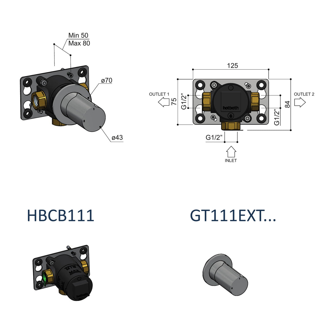 Hotbath Gent GT111 inbouw 2-weg omstel (afbouwdeel) technische tekening