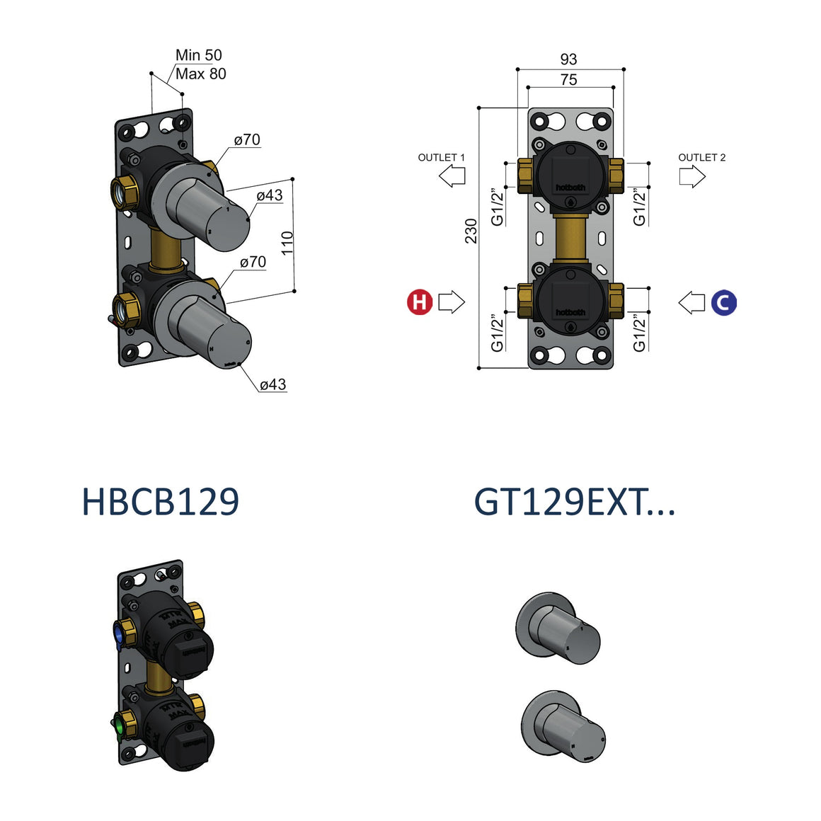 Hotbath Gent GT129 inbouw douchemengkraan met 2-weg omstel (afbouwdeel) technische tekening