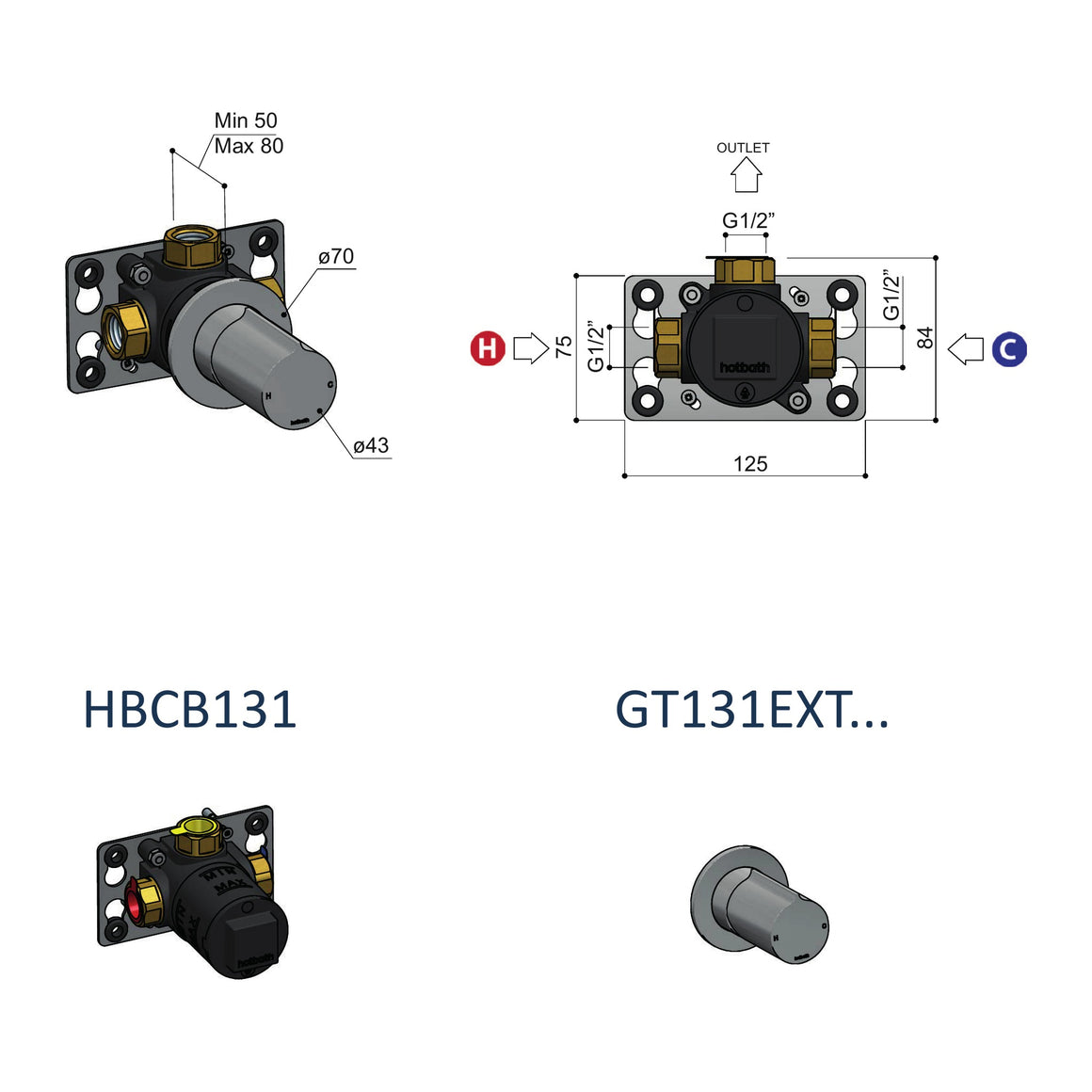 Hotbath Gent GT131 inbouw douchemengkraan (afbouwdeel) technische tekening