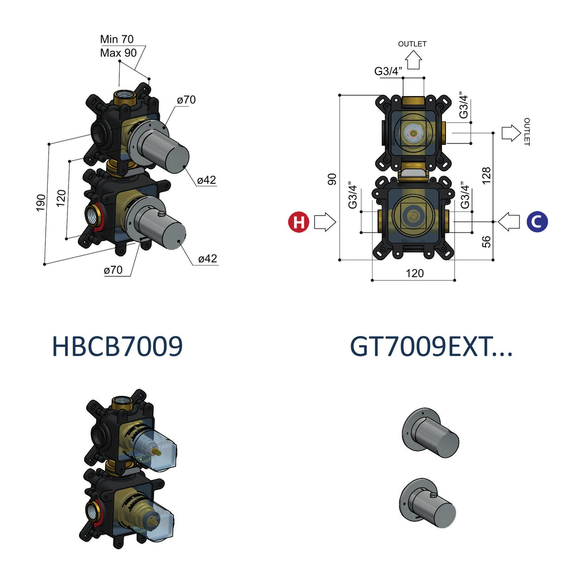 Hotbath Gent GT7009 inbouw douchethermostaat met 2-weg stop-omstel (afbouwdeel) technische tekening
