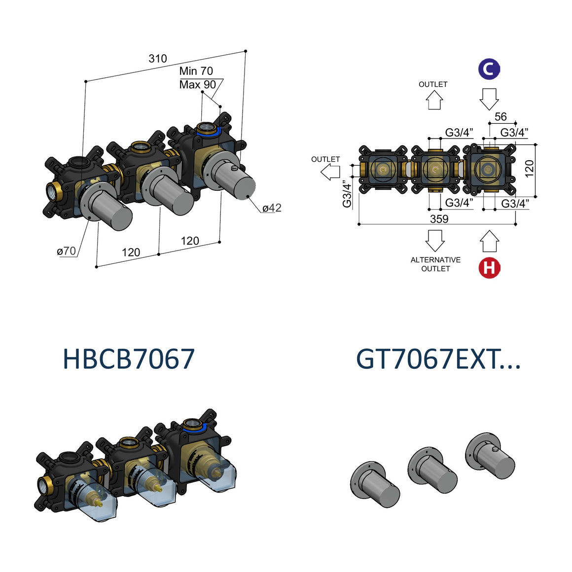 Hotbath Gent GT7067 inbouw douchethermostaat met 2 stopkranen (afbouwdeel) technische tekening