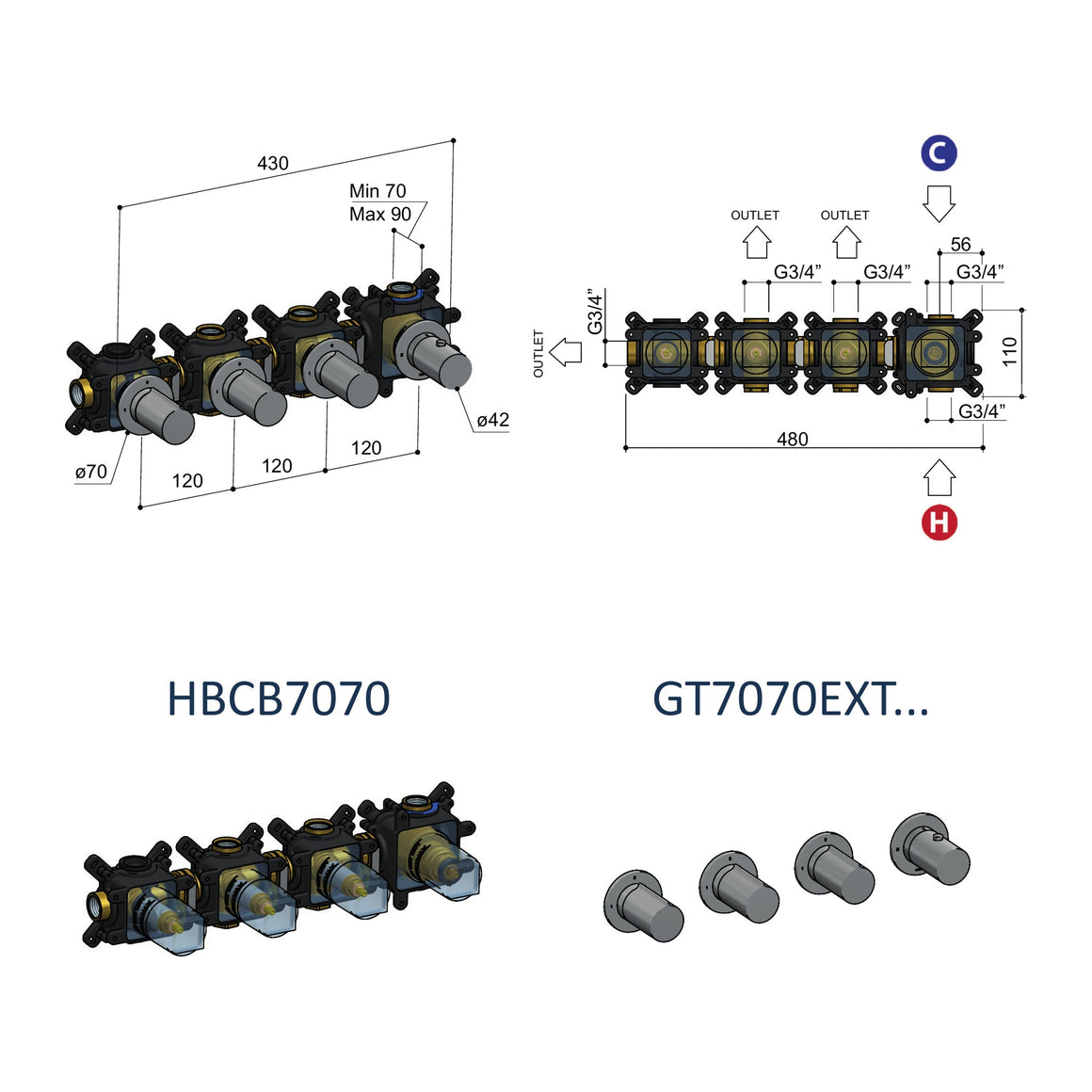 Hotbath Gent GT7070 inbouw douchethermostaat met 3 stopkranen (afbouwdeel) technische tekening