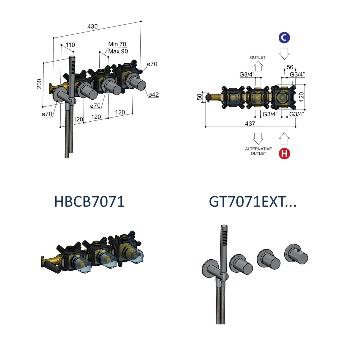 Hotbath Gent GT7071 inbouw bad/douchethermostaat met 2 stopkranen en handdouche (afbouwdeel) technische tekening