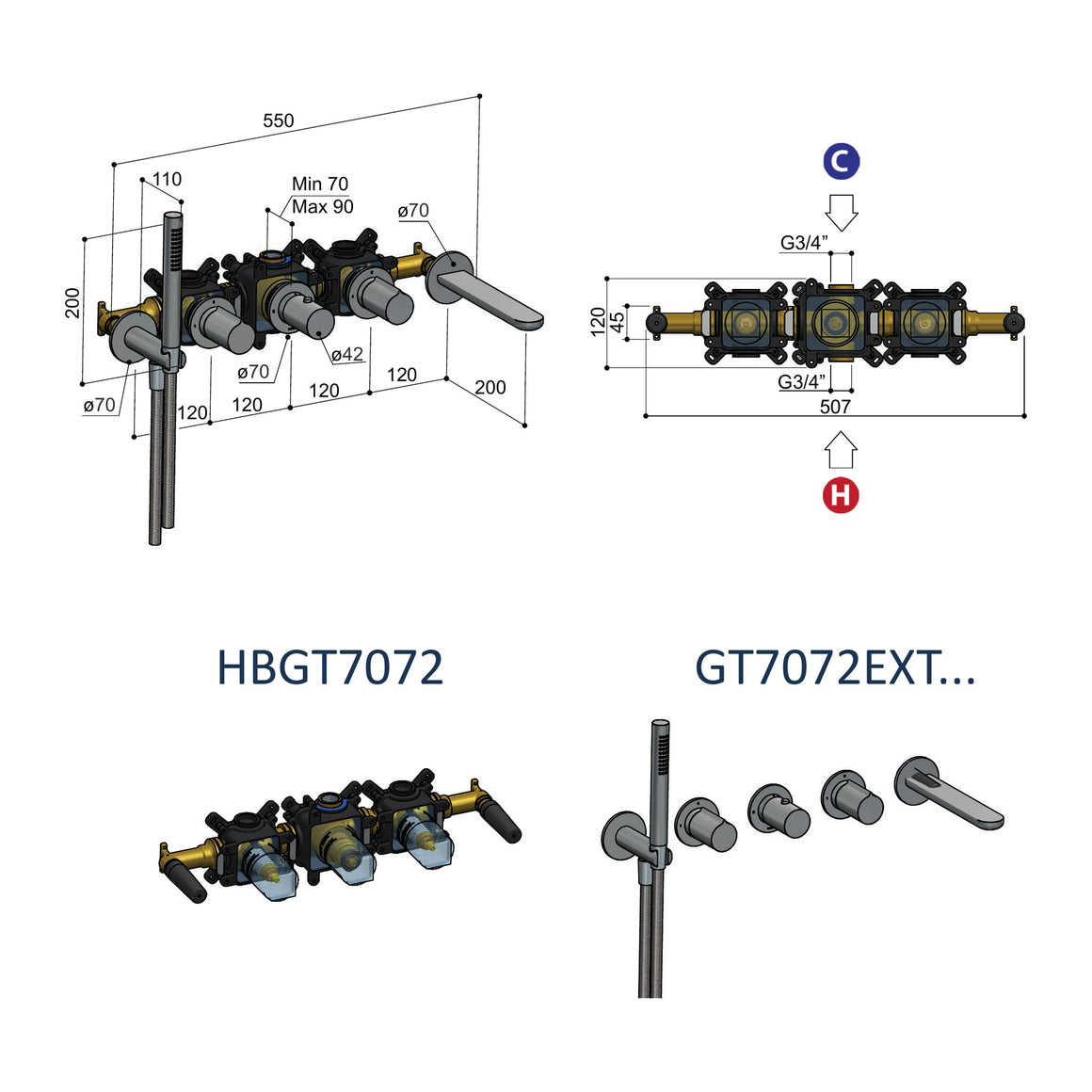 Hotbath Gent GT7072 inbouw badthermostaat met 2 stopkranen, uitloop en handdouche (afbouwdeel) technische tekening