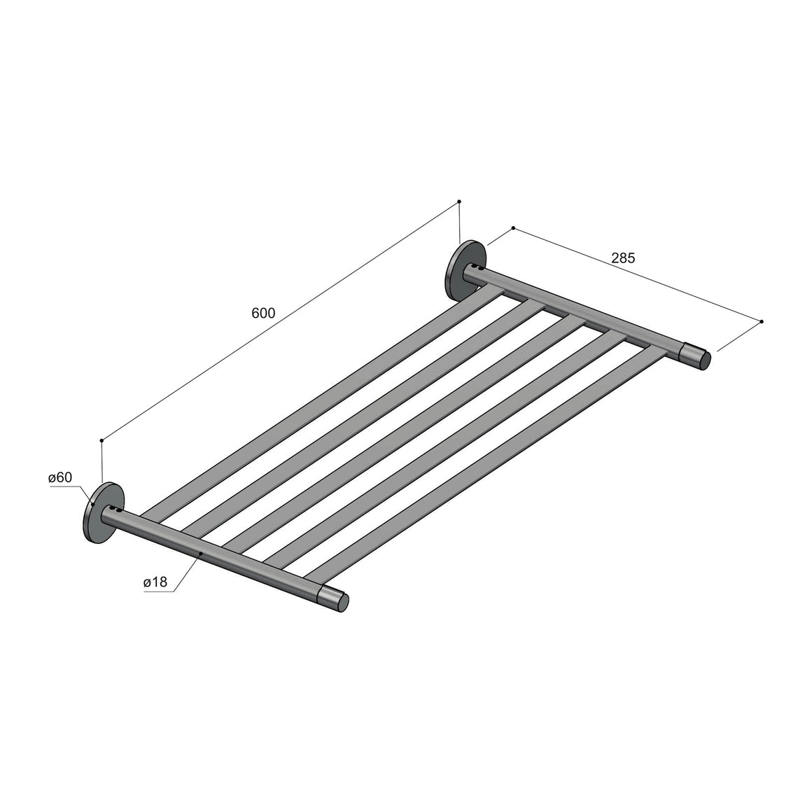 Hotbath Gent GTA25 handdoekrek 60 cm technische tekening
