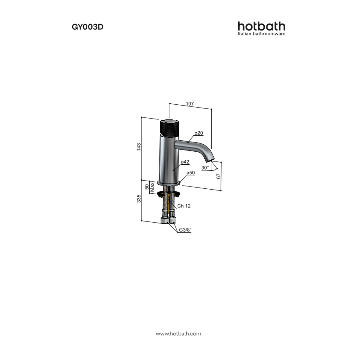 Hotbath Guy Diamond GY003D wastafelmengkraan technische tekening