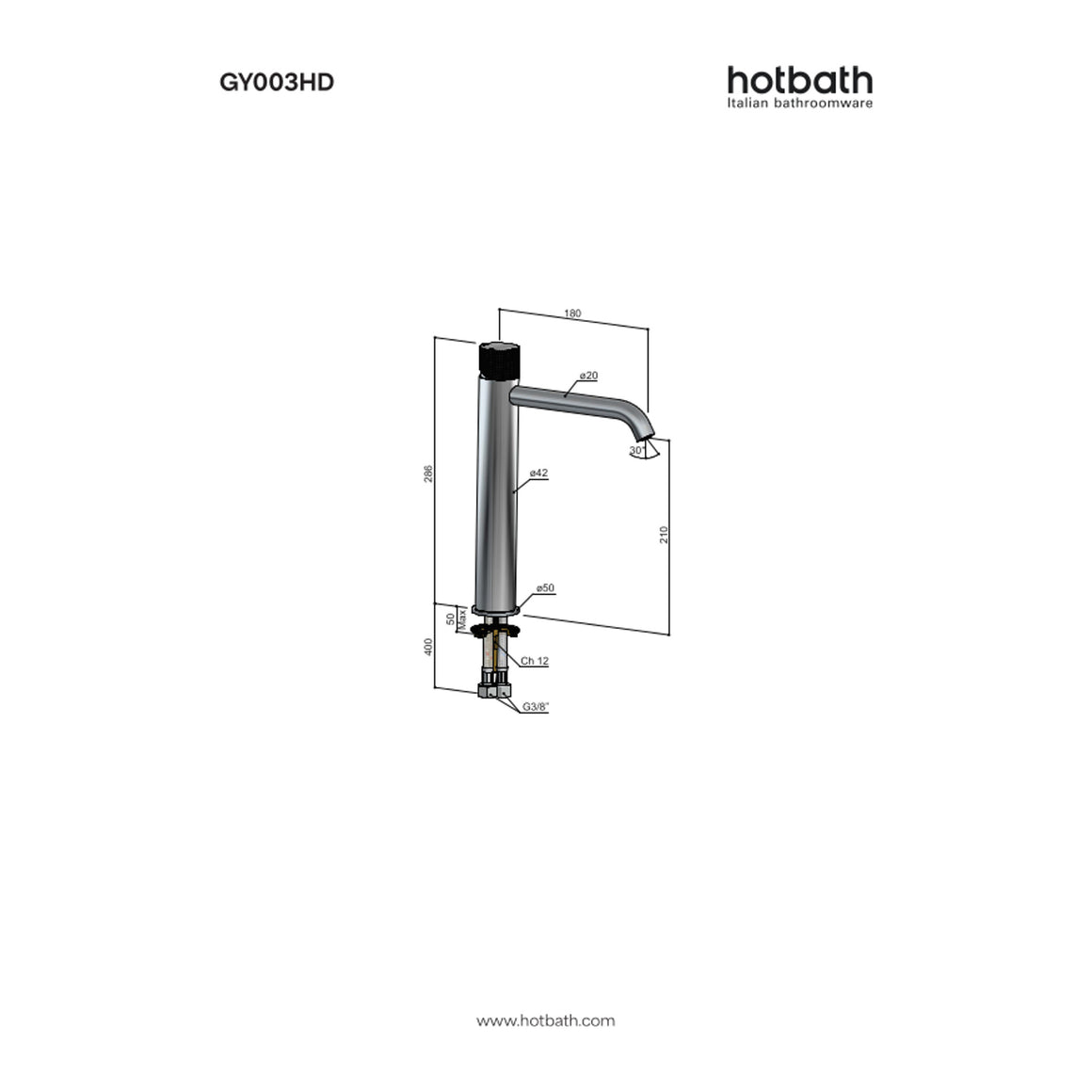 Hotbath Guy Diamond GY003HD hoge wastafelmengkraan technische tekening