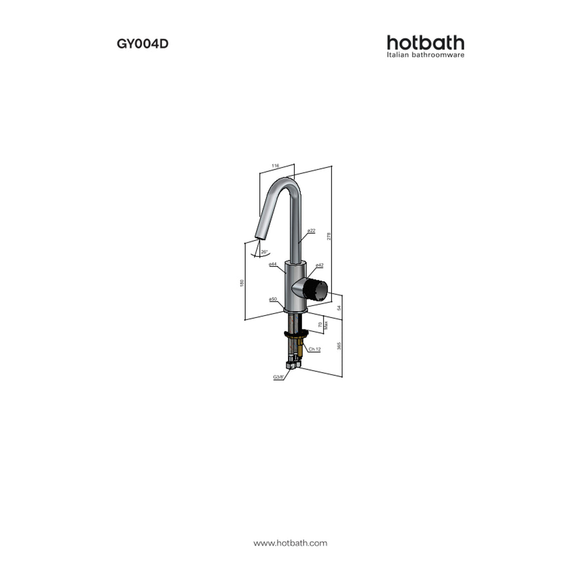 Hotbath Guy Diamond GY004D wastafelmengkraan met draaibare uitloop technische tekening