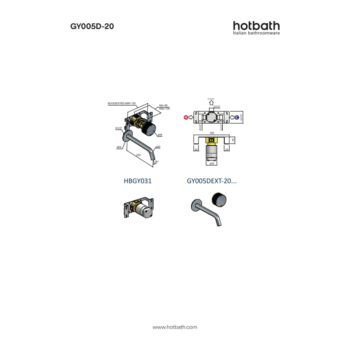 Hotbath Guy Diamond GY005D inbouw wastafelmengkraan 20 cm technische tekening