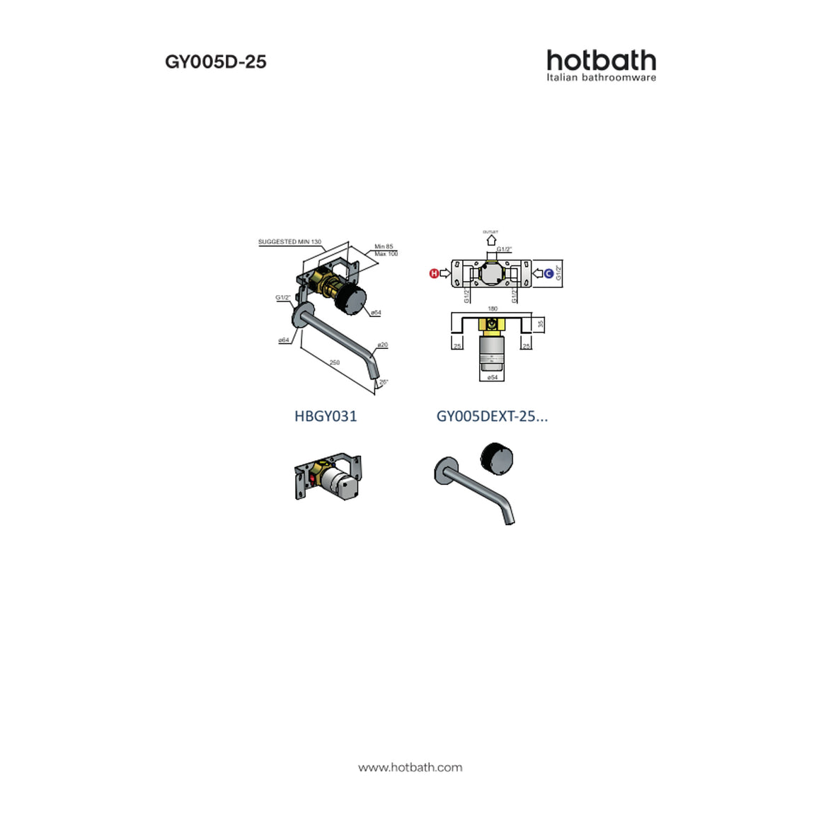 Hotbath Guy Diamond GY005D inbouw wastafelmengkraan 25 cm technische tekening
