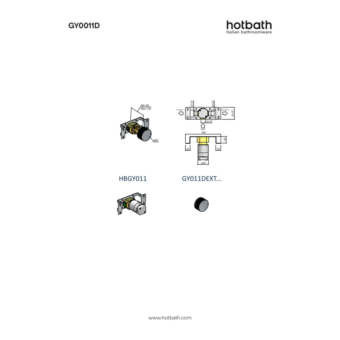 Hotbath Guy Diamond GY011D inbouw 2-weg omstel technische tekening