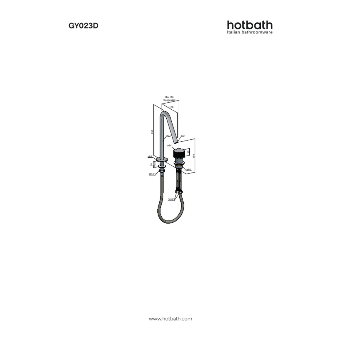 Hotbath Guy Diamond GY023D 2-gats wastafelmengkraan technische tekening