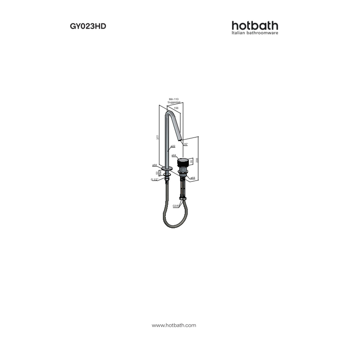 Hotbath Guy Diamond GY023HD hoge 2-gats wastafelmengkraan technische tekening