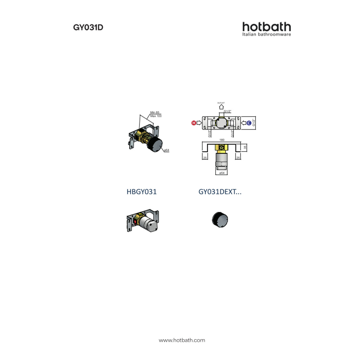 Hotbath Guy Diamond GY031D inbouw douchemengkraan technische tekening