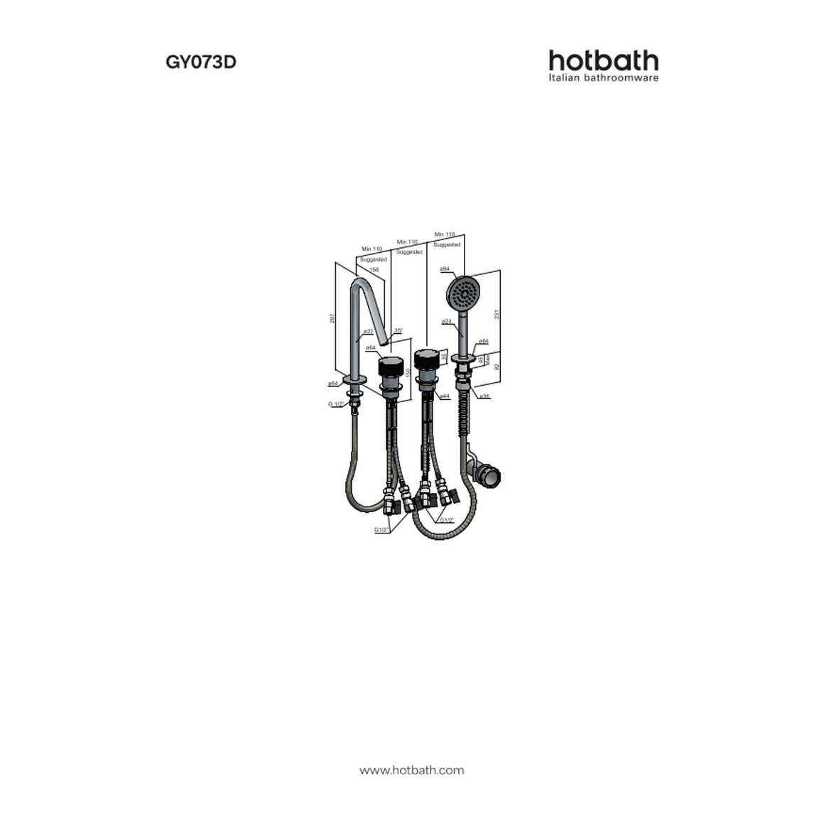 Hotbath Guy Diamond GY073D badrandcombinatie met uitloop technische tekening