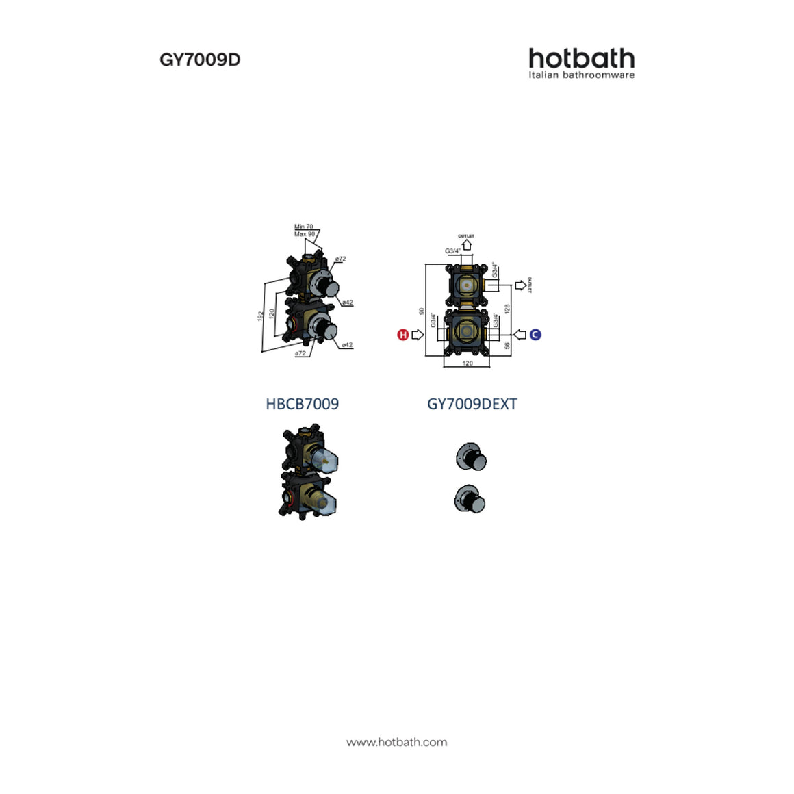 Hotbath Guy Diamond GY7009D inbouw thermostaat met 2-weg stop-omstel technische tekening