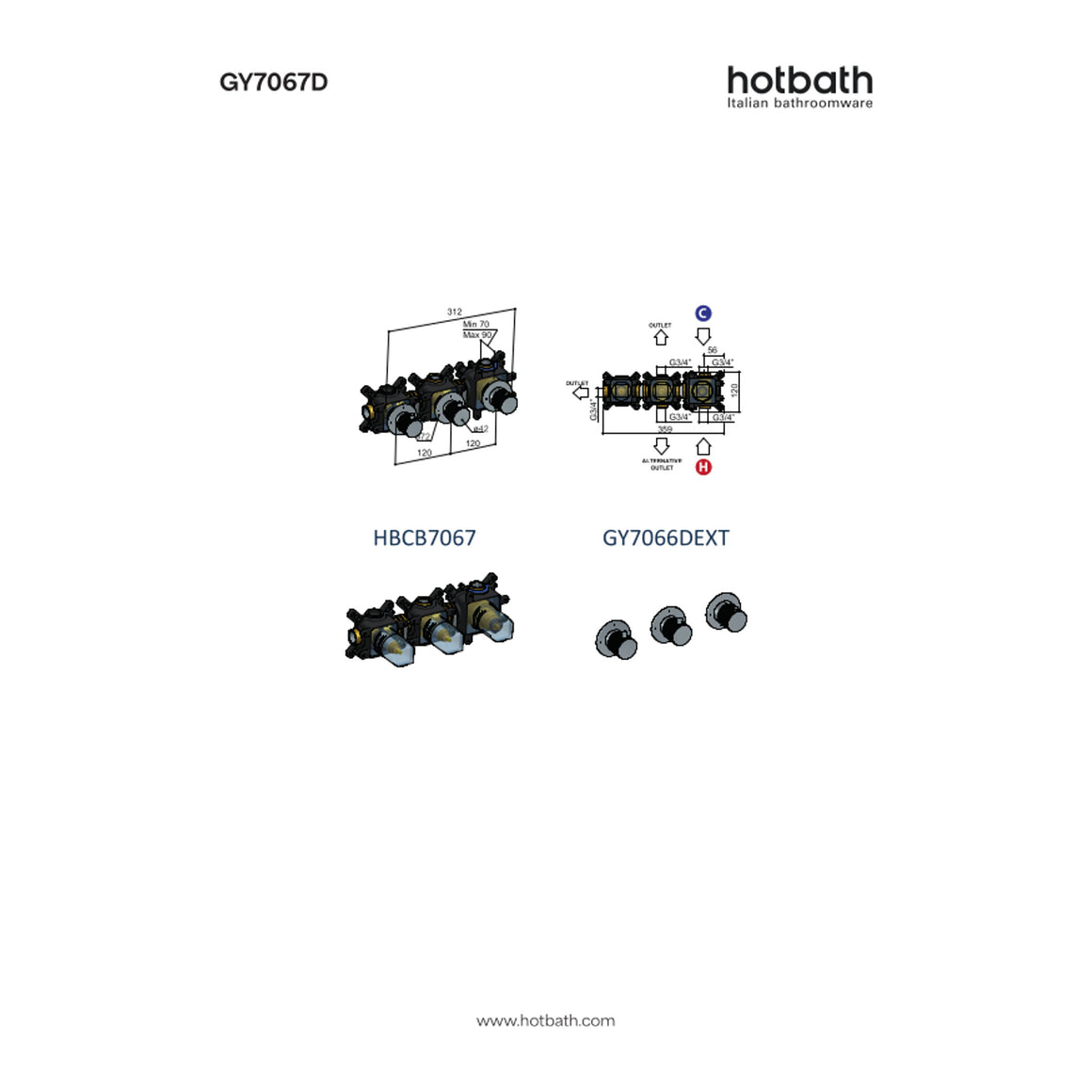 Hotbath Guy Diamond GY7067D inbouw douchethermostaat met 2 stopkranen technische tekening