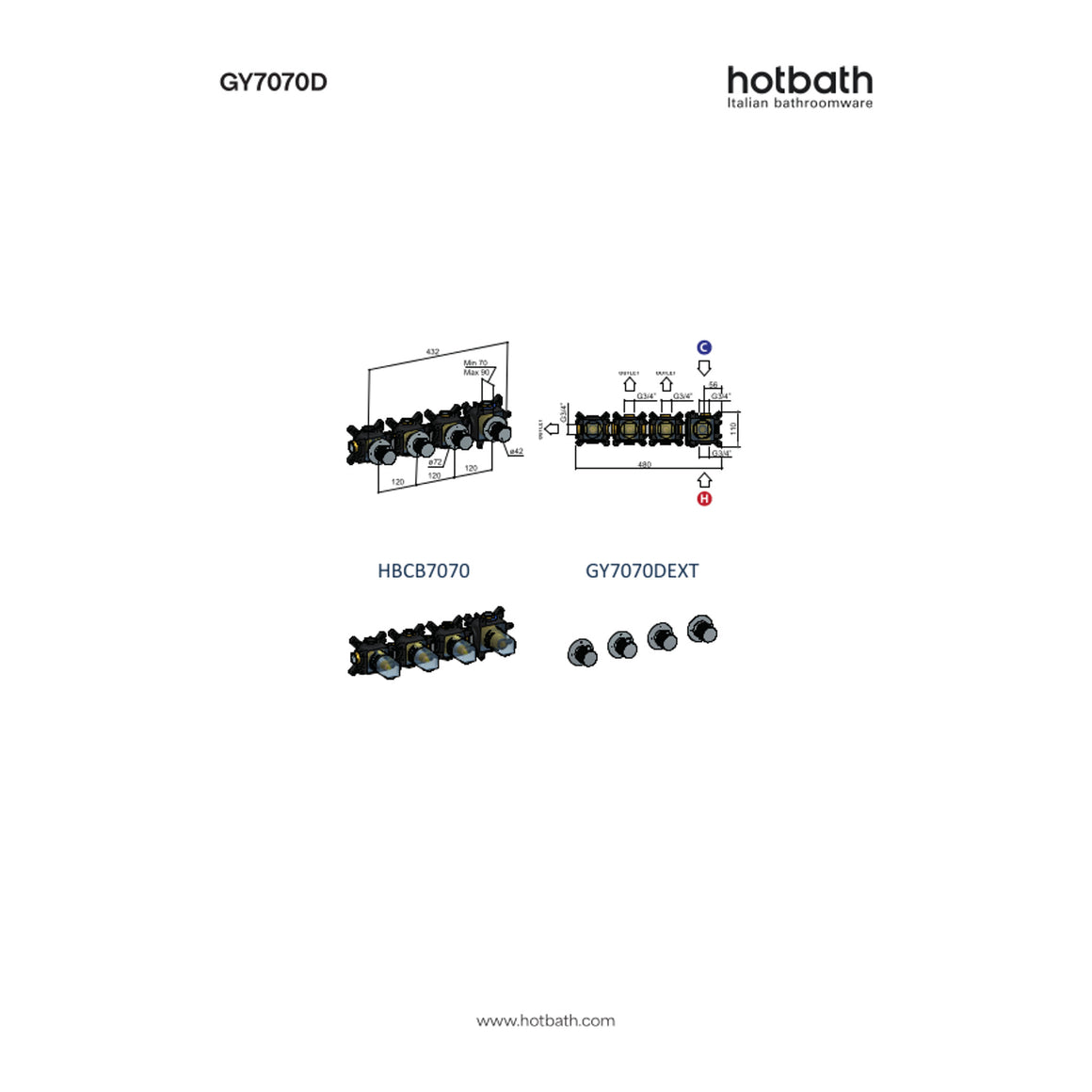 Hotbath Guy Diamond GY7070D inbouw douchethermostaat met 3 stopkranen technische tekening
