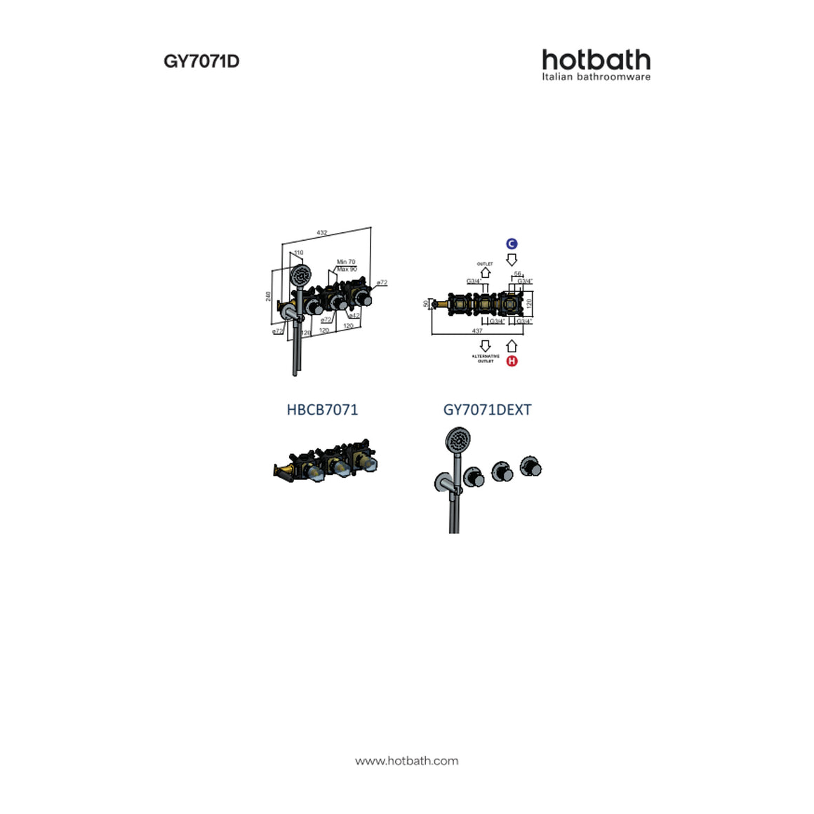 Hotbath Guy Diamond GY7071D inbouw bad/douchethermostaat met 2 stopkranen zonder uitloop technische tekening