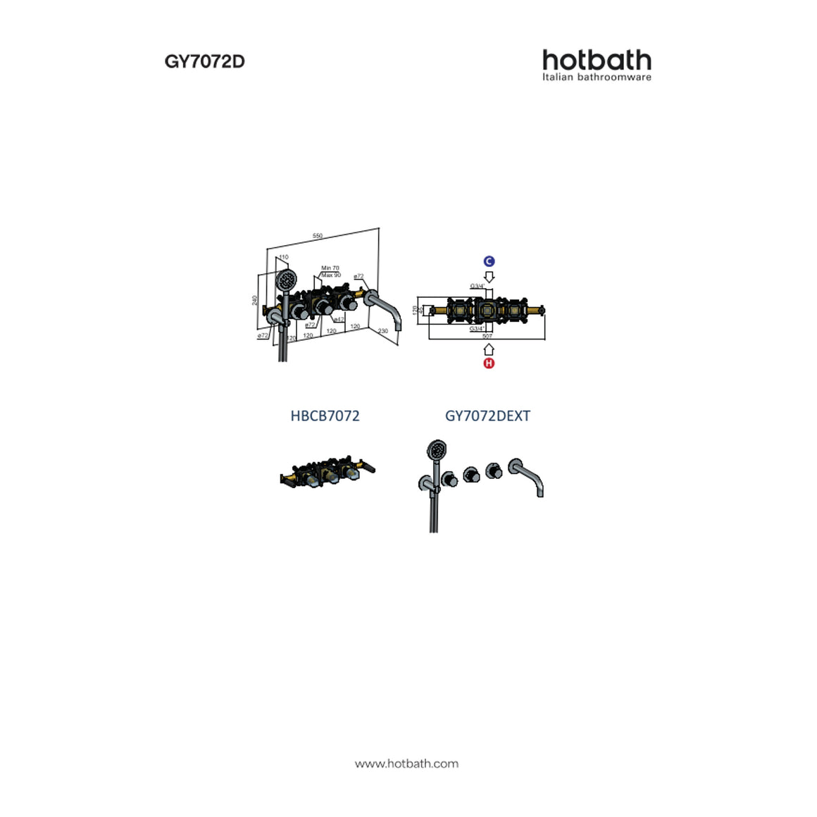 Hotbath Guy Diamond GY7072D inbouw badthermostaat met 2 stopkranen en uitloop technische tekening