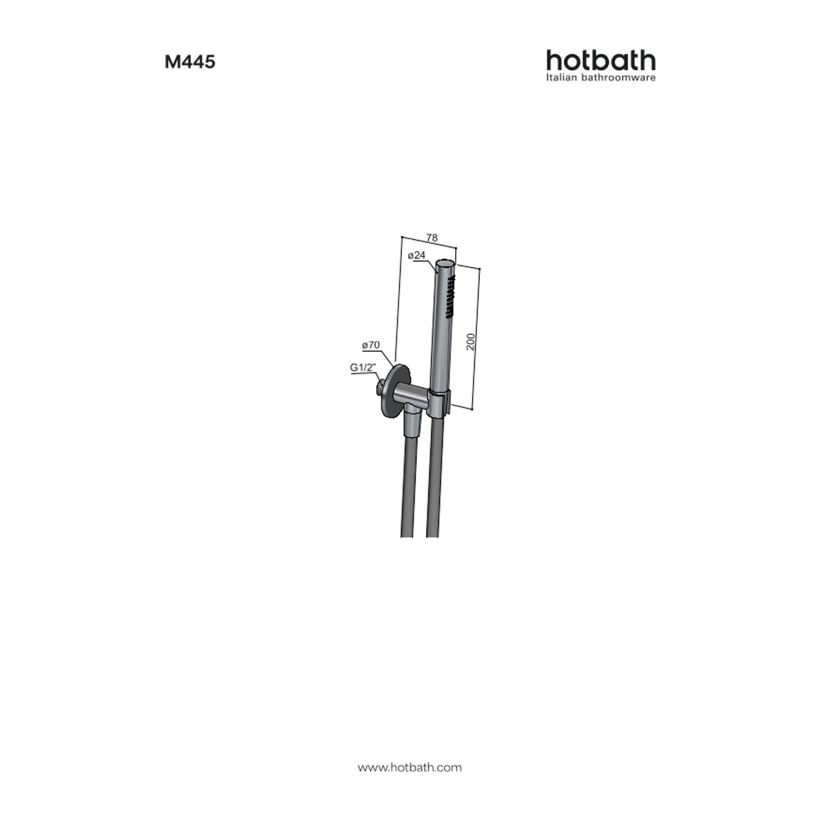 Hotbath Guy M445 handdoucheset met wandhouder, wanduitlaat en doucheslang (staafhanddouche) technische tekening