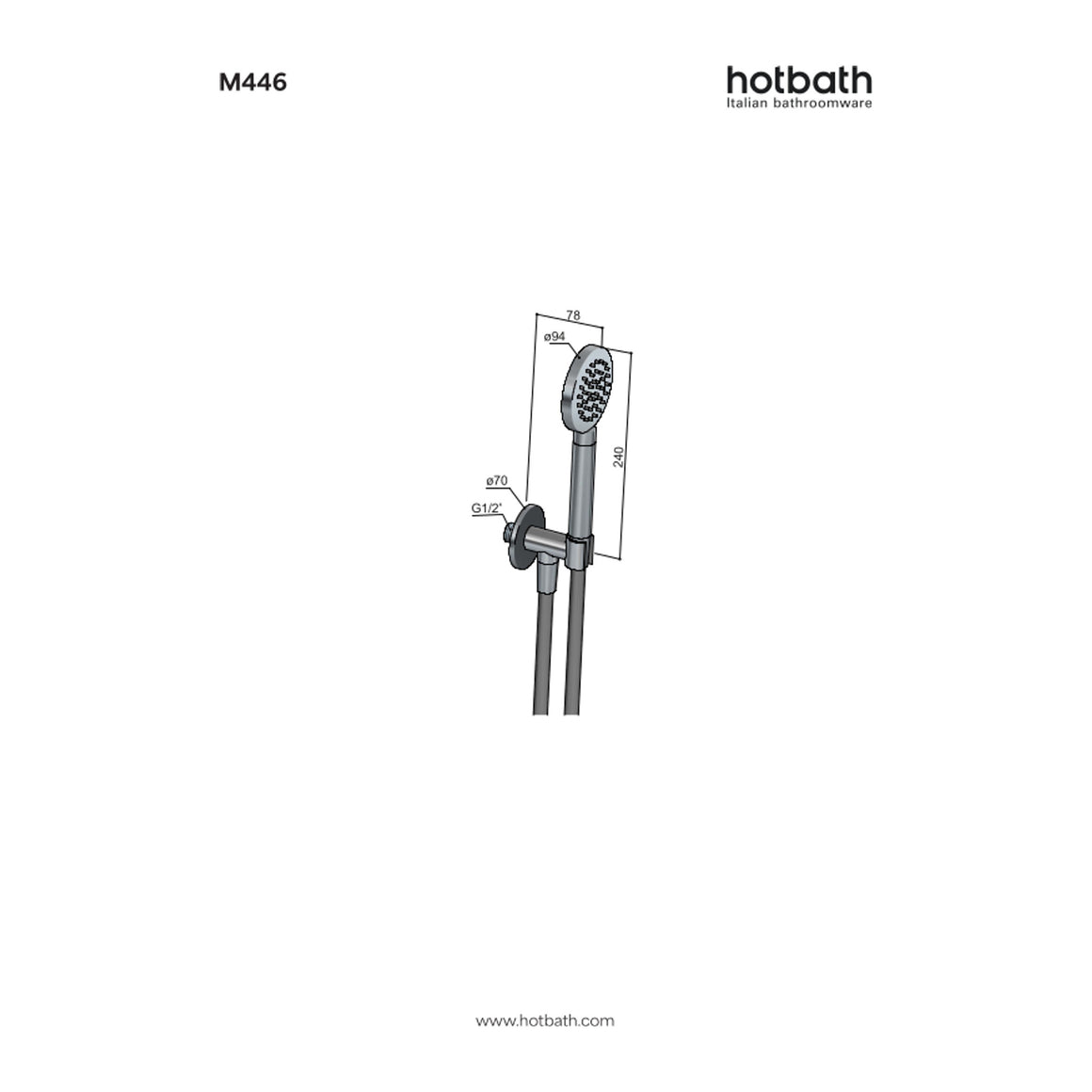 Hotbath Guy M446 handdoucheset met wandhouder, wanduitlaat en doucheslang (ronde handdouche) technische tekening