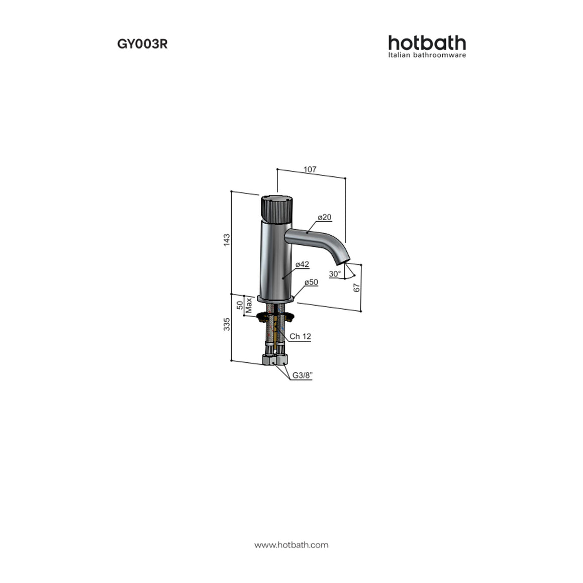 Hotbath Guy Row GY003R wastafelmengkraan technische tekening