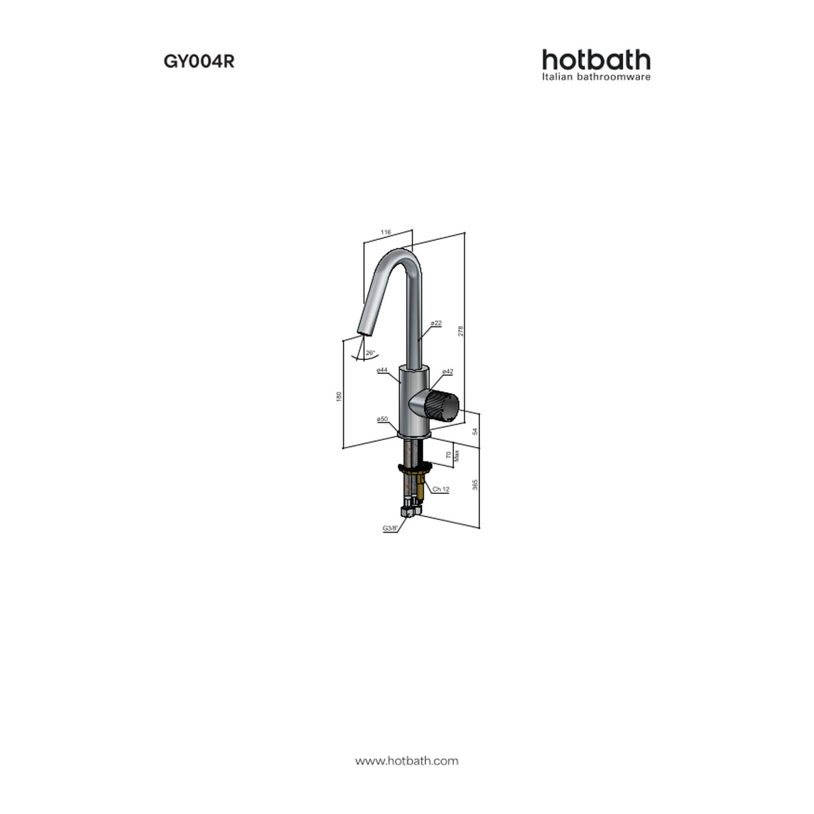 Hotbath Guy Row GY004R wastafelmengkraan met draaibare uitloop technische tekening