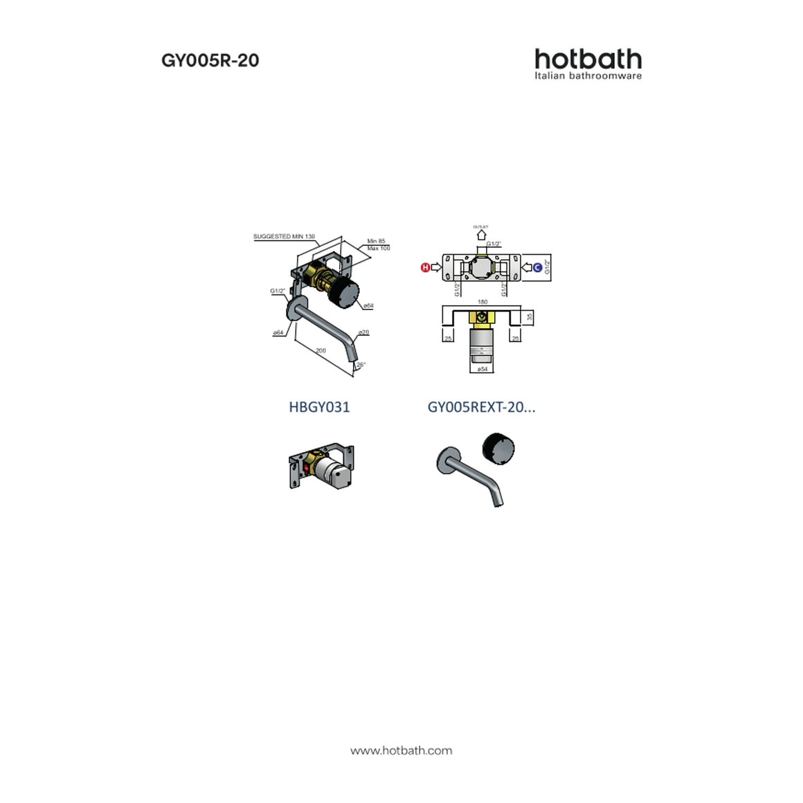 Hotbath Guy Row GY005R inbouw wastafelmengkraan 20 cm technische tekening