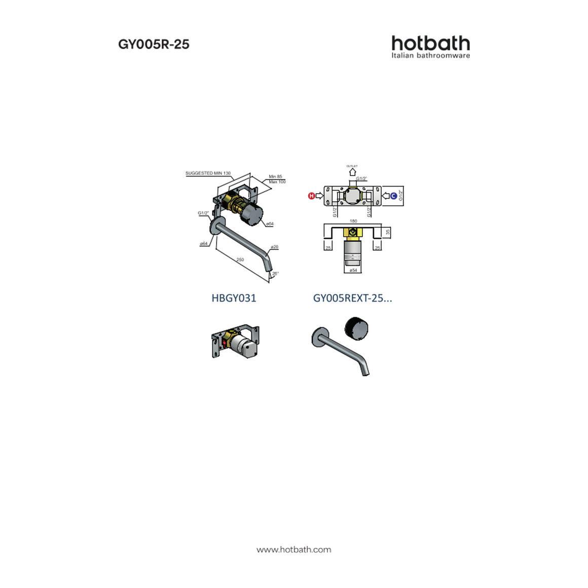 Hotbath Guy Row GY005R inbouw wastafelmengkraan 25 cm technische tekening