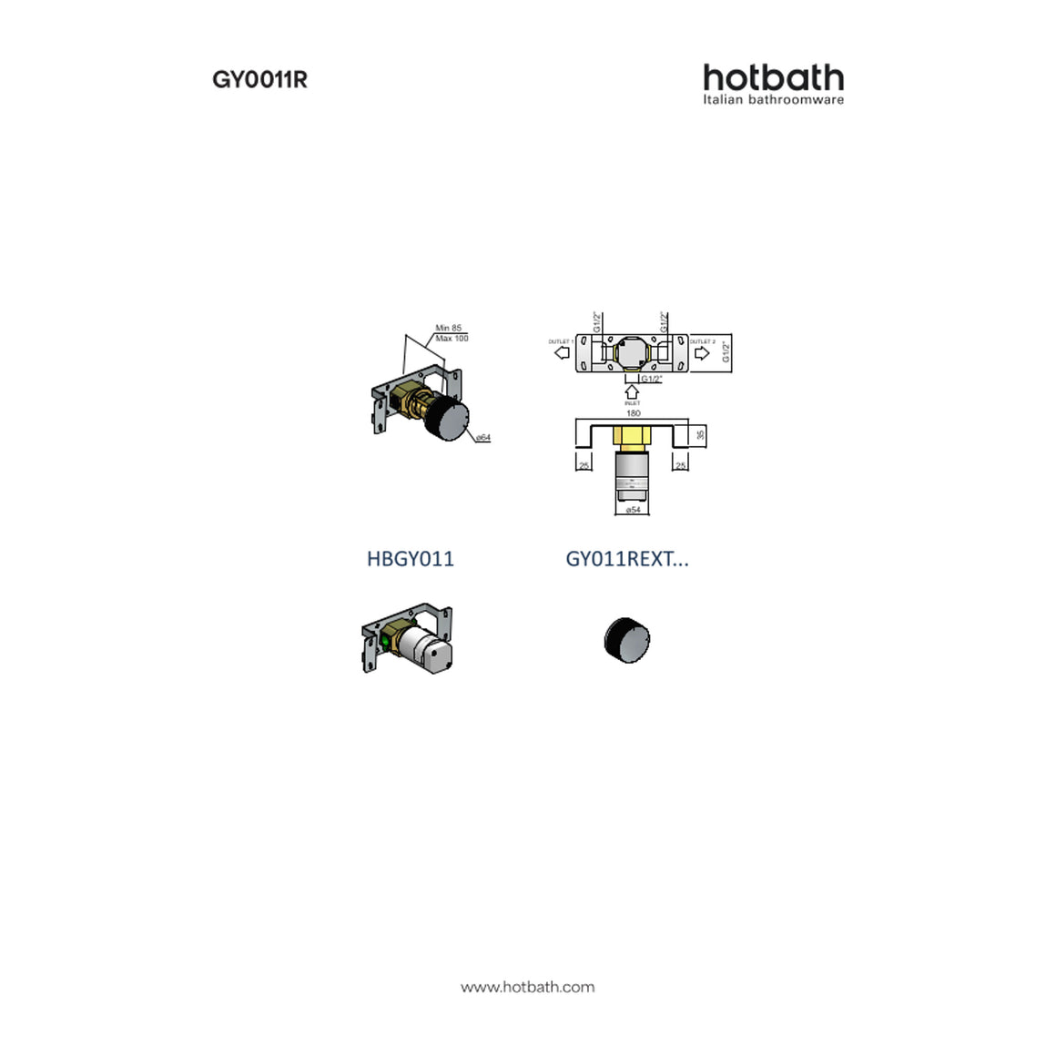 Hotbath Guy Row GY011R inbouw 2-weg omstel technische tekening