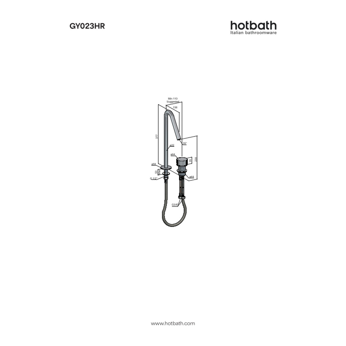 Hotbath Guy Row GY023HR hoge 2-gats wastafelmengkraan technische tekening