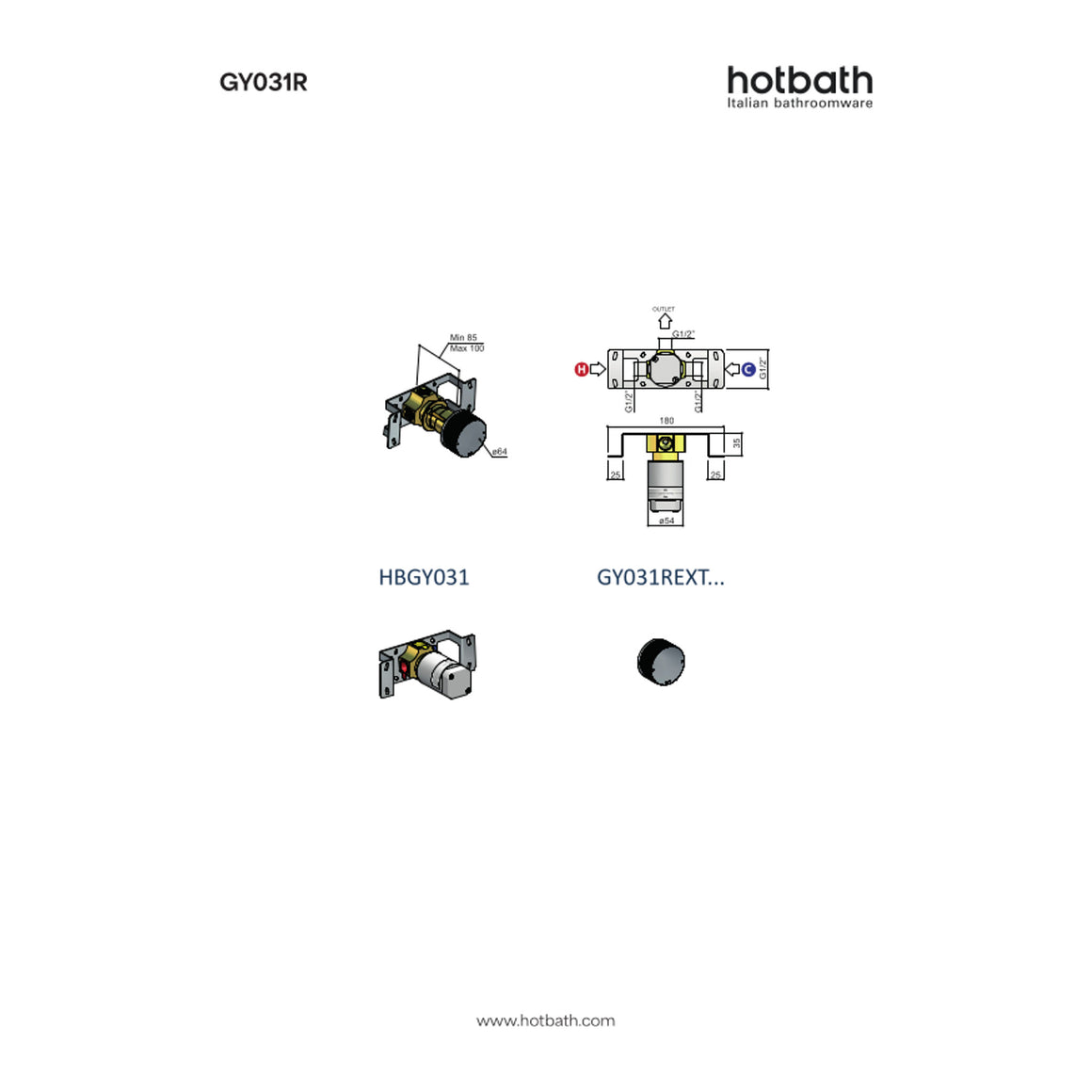 Hotbath Guy Row GY031R inbouw douchemengkraan technische tekening