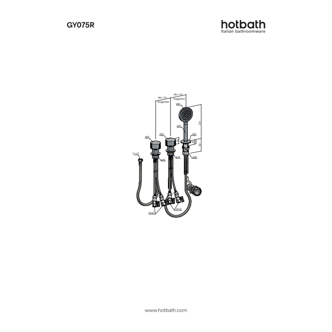Hotbath Guy Row GY075R badrandcombinatie zonder uitloop technische tekening