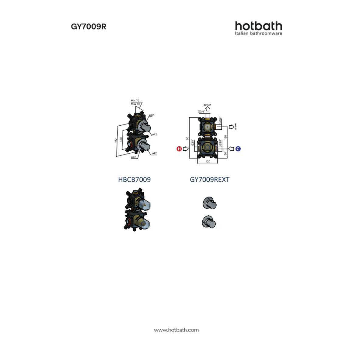 Hotbath Guy Row GY7009R inbouw thermostaat met 2-weg stop-omstel technische tekening