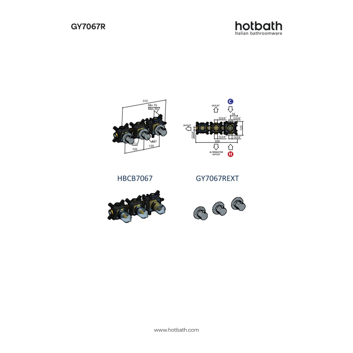 Hotbath Guy Row GY7067R inbouw douchethermostaat met 2 stopkranen technische tekening