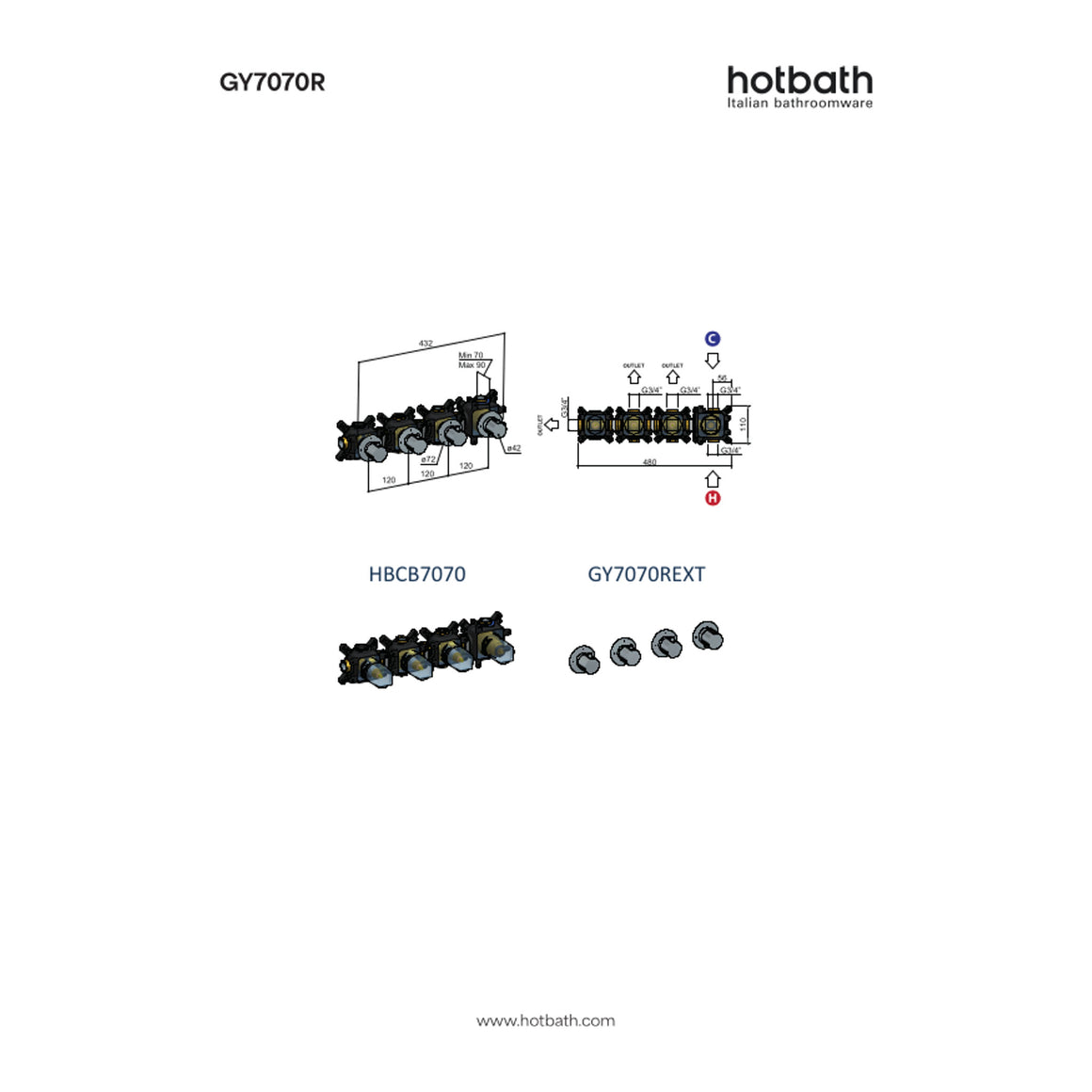 Hotbath Guy Row GY7070R inbouw douchethermostaat met 3 stopkranen technische tekening