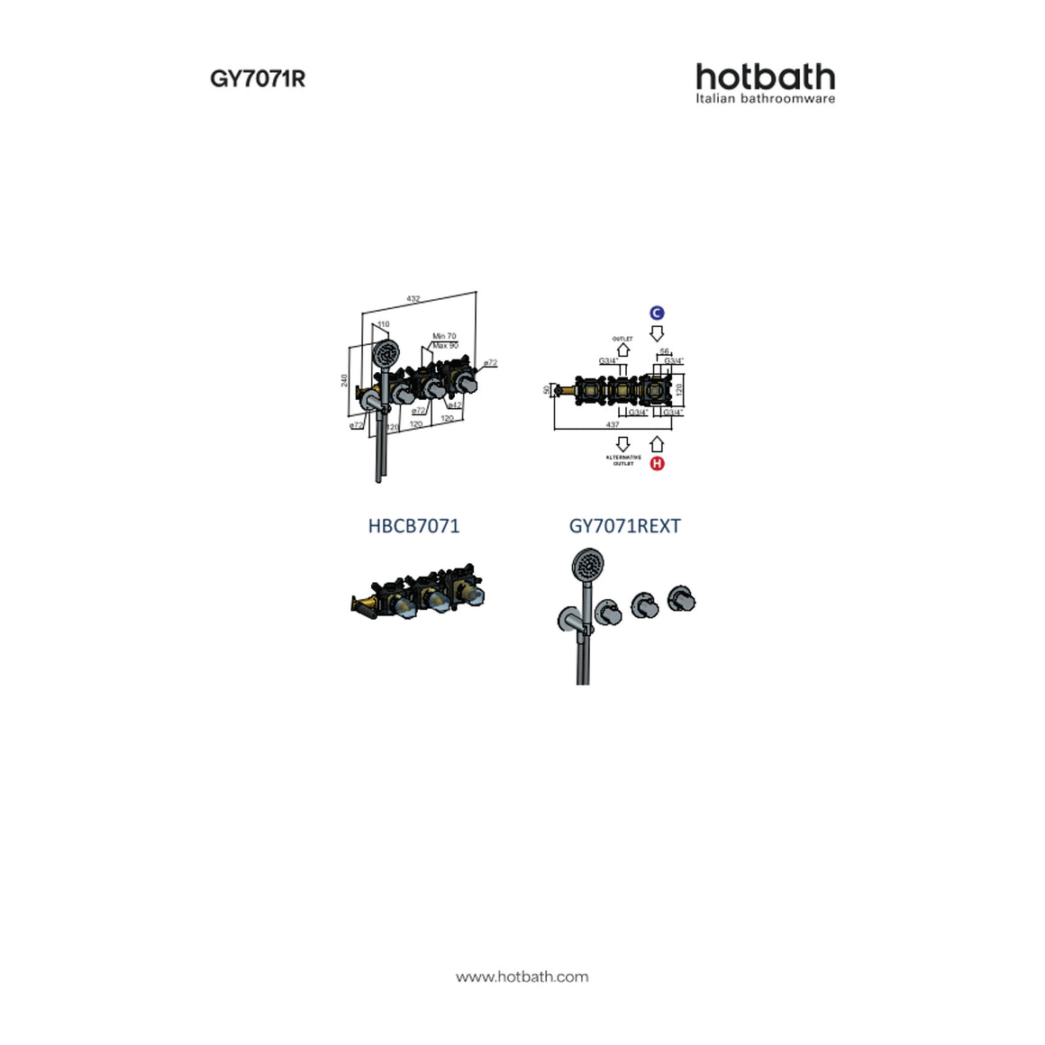Hotbath Guy Row GY7071R inbouw bad/douchethermostaat met 2 stopkranen zonder uitloop technische tekening