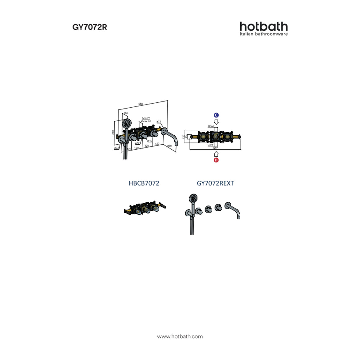 Hotbath Guy Row GY7072R inbouw badthermostaat met 2 stopkranen en uitloop technische tekening