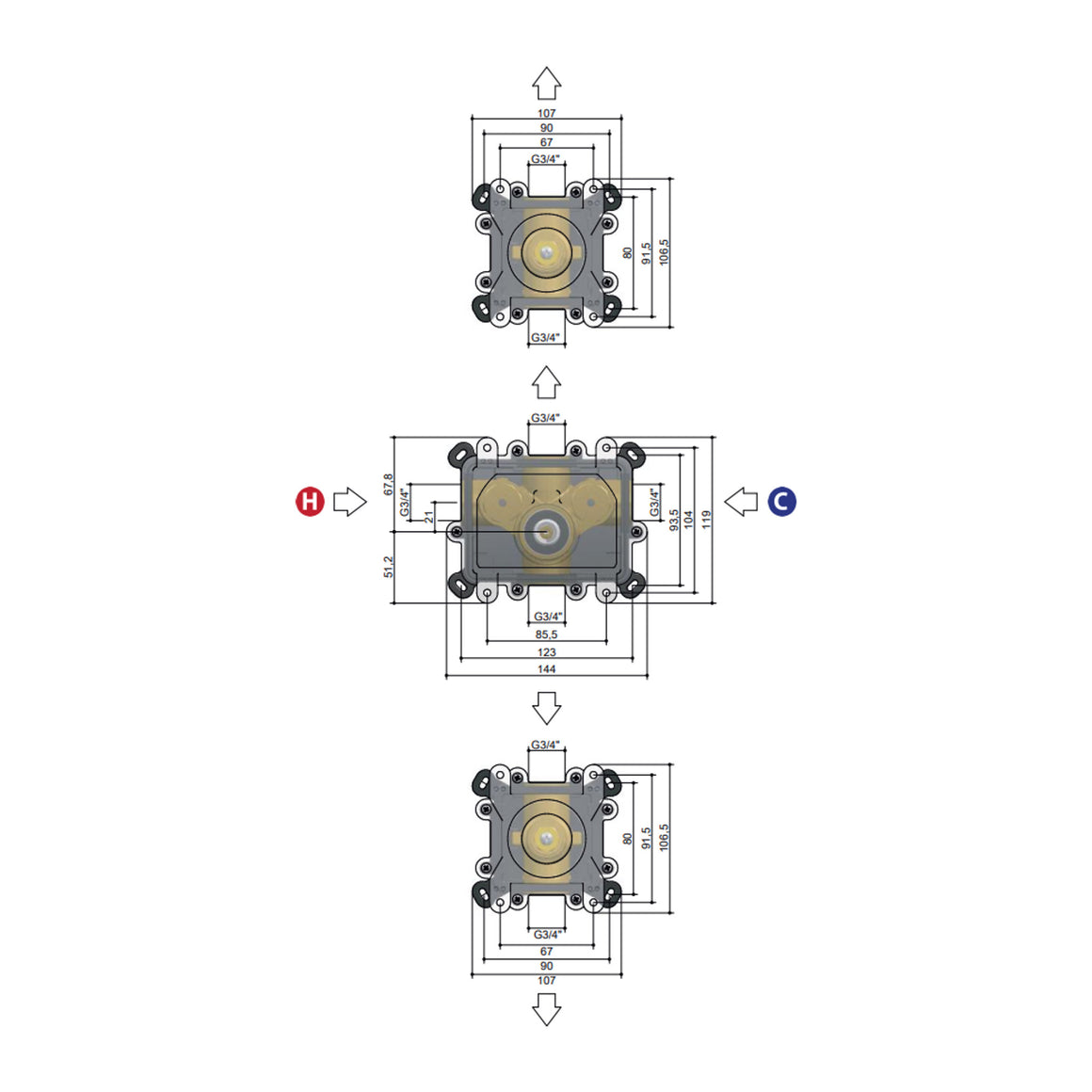 Hotbath HB007 inbouwdeel voor thermostaat met 2 stopkranen productfoto