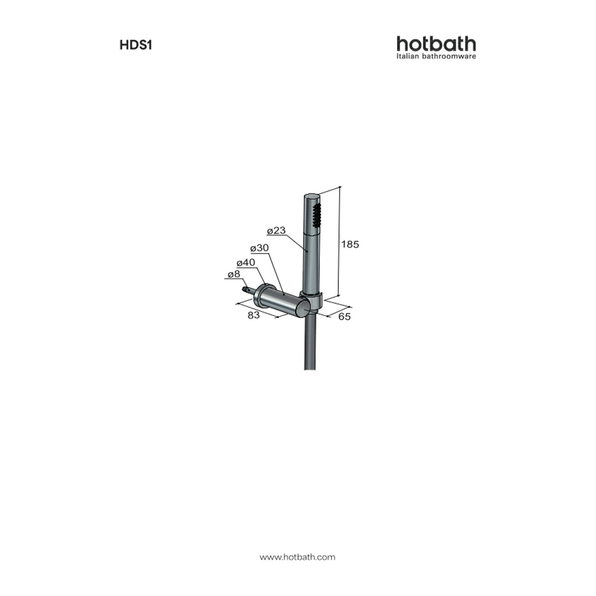 Hotbath Mate HDS1 handdoucheset met verstelbare wandhouder, staafhanddouche en doucheslang technische tekening