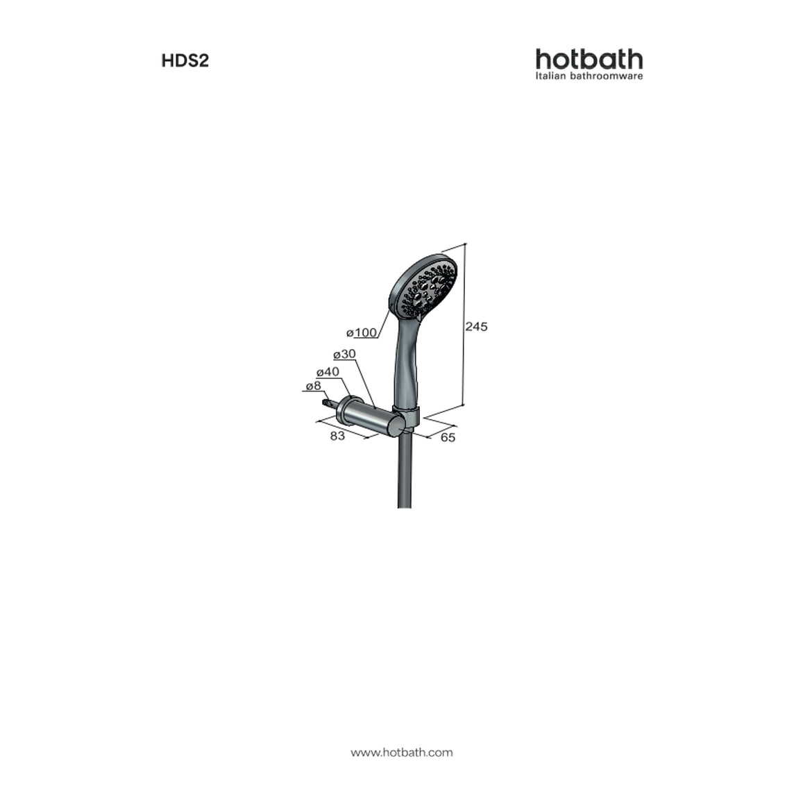 Hotbath Mate HDS2 handdoucheset met verstelbare wandhouder, 3-standen handdouche en doucheslang technische tekening