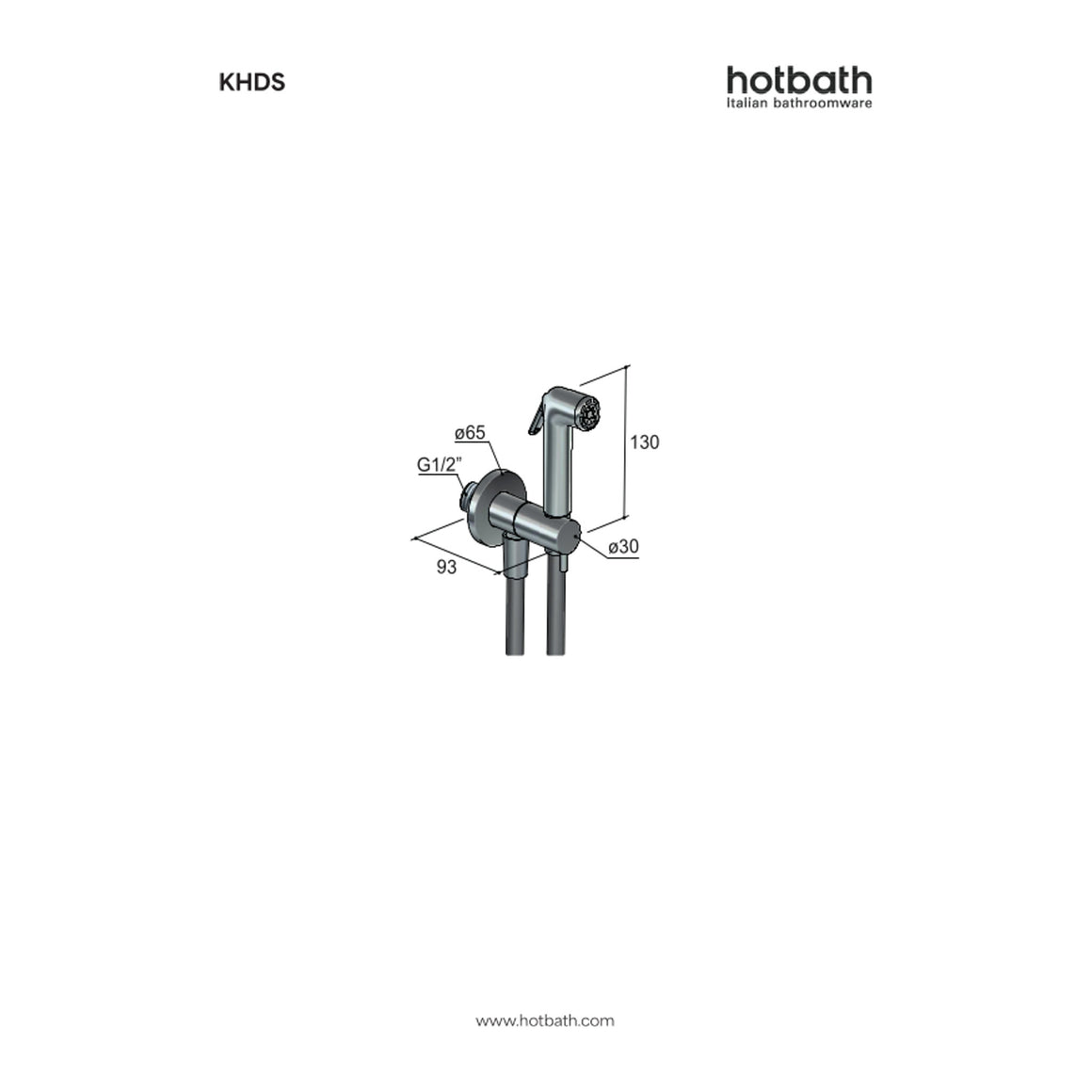 Hotbath Mate KHDS knijphanddoucheset met stopkraan, houder en doucheslang technische tekening