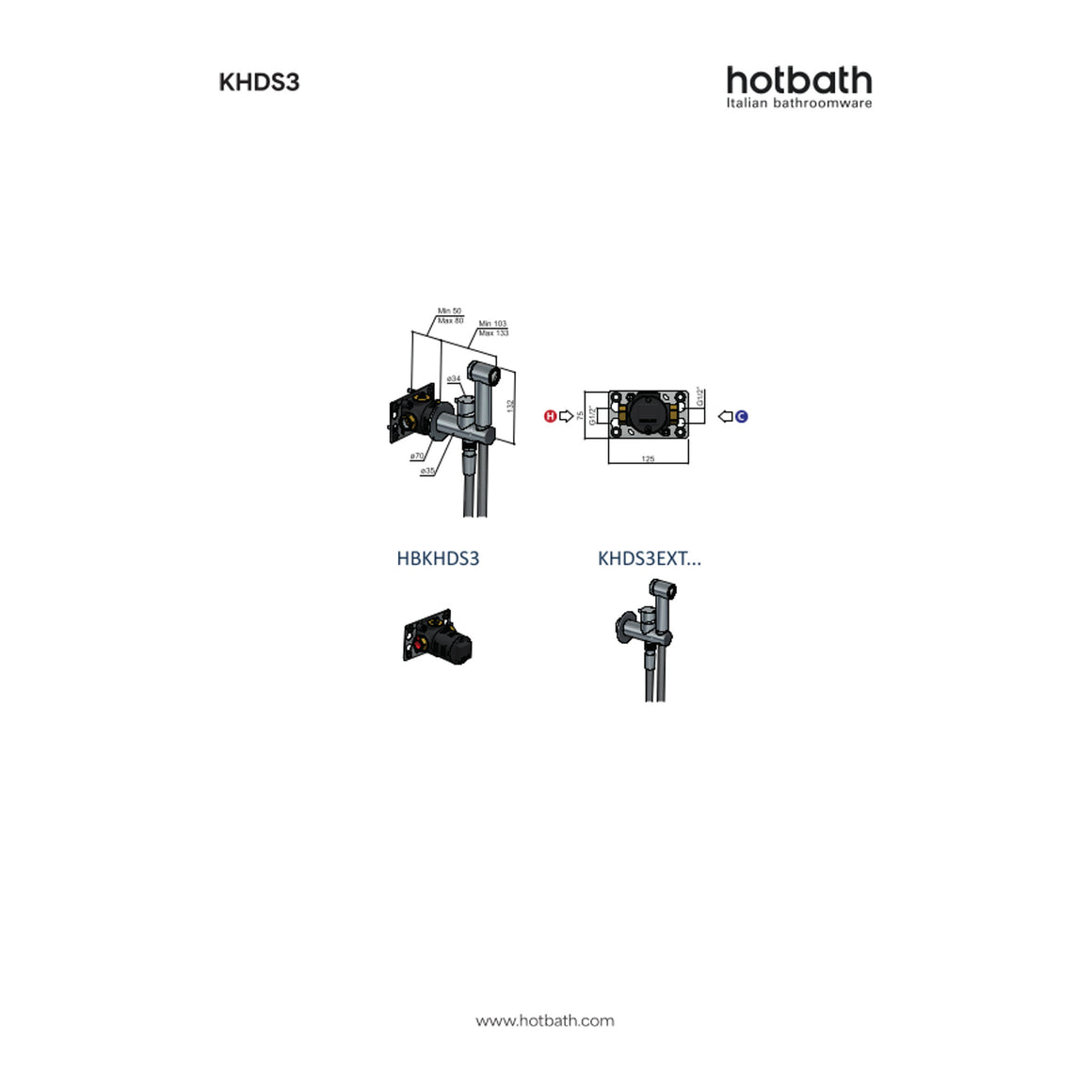 Hotbath Mate KHDS3 knijphanddoucheset met inbouw mengkraan technische tekening