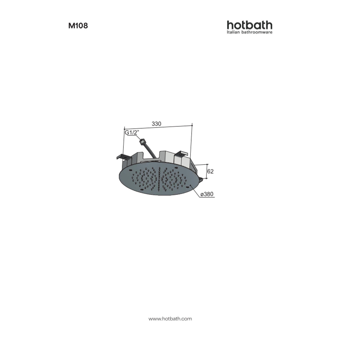 Hotbath Mate M108 inbouw hoofddouche rond 38 cm technische tekening