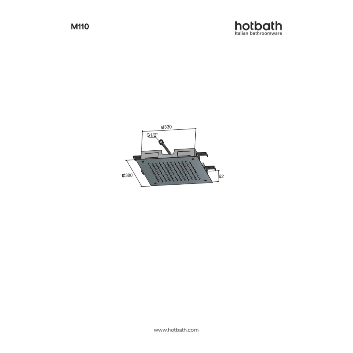 Hotbath Mate M110 inbouw hoofddouche vierkant 38 cm technische tekening