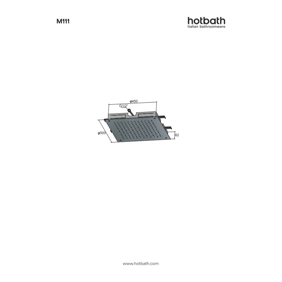 Hotbath Mate M111 inbouw hoofddouche vierkant 50 cm technische tekening