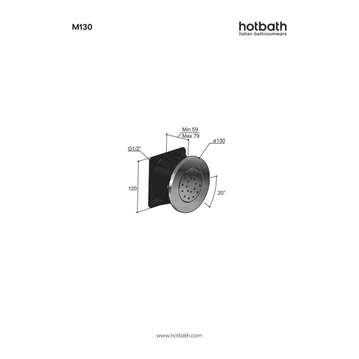 Hotbath Mate M130 bodyjet inbouw rond technische tekening