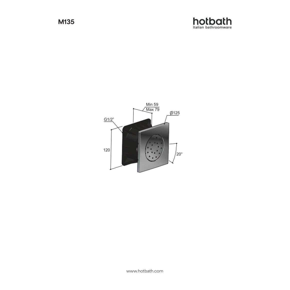 Hotbath Mate M135 bodyjet inbouw vierkant technische tekening